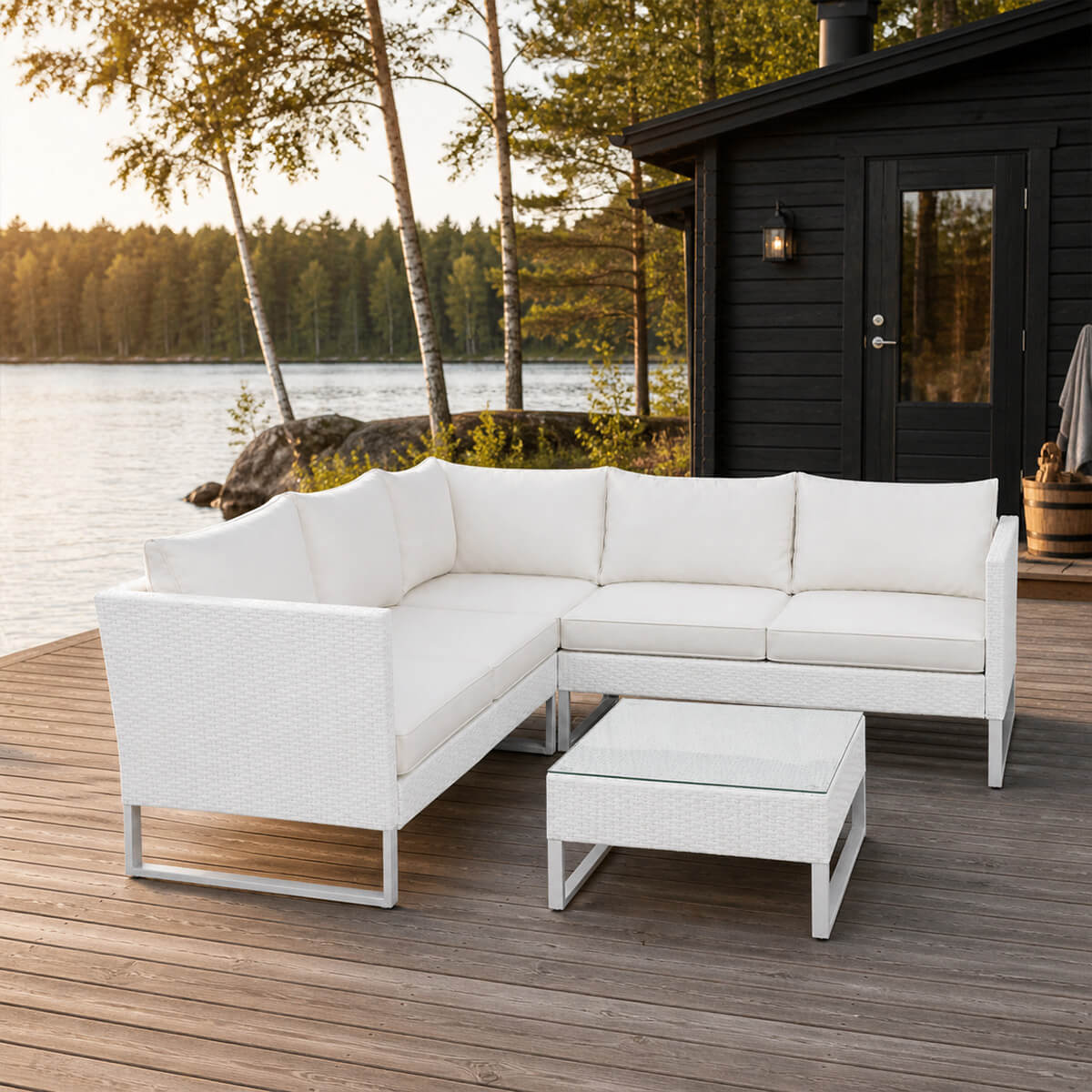 Kulmasohvaryhmä 5–6 hengelle – polyrottinki, 6 cm pehmusteet, pöytä 63 x 63 cm