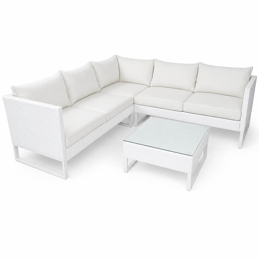 Hörnsofagrupp för 5–6 personer – polyrotting, 6 cm stoppning, bord 63 x 63 cm