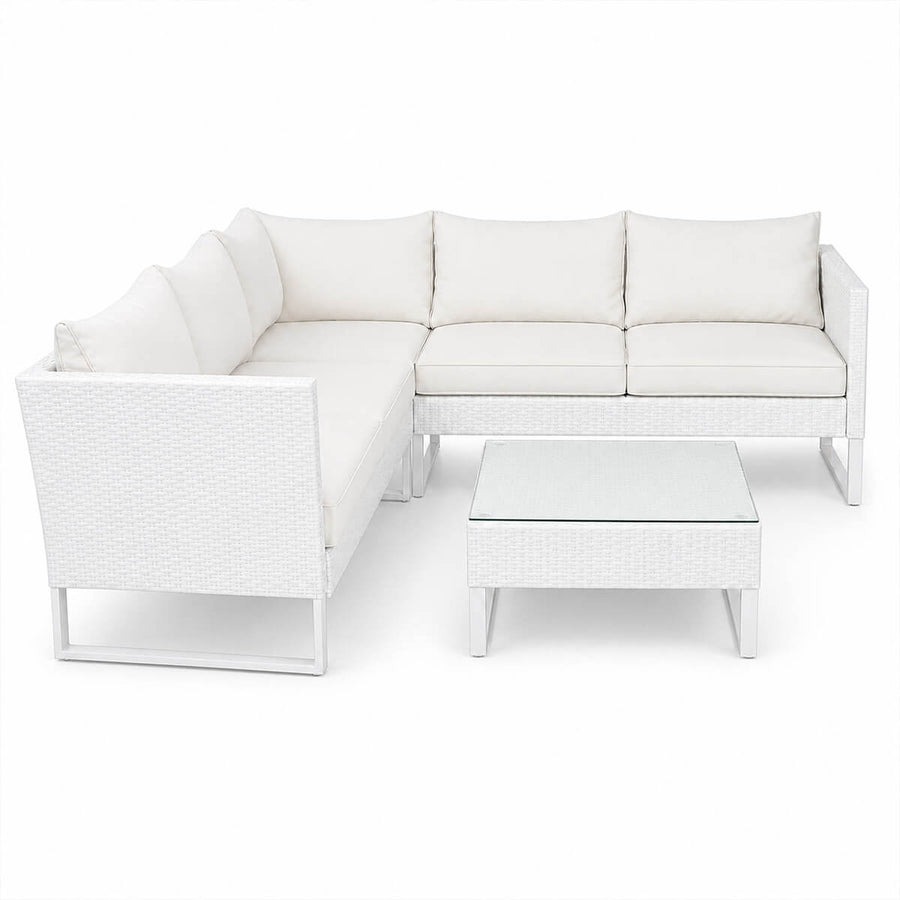 Hörnsofagrupp för 5–6 personer – polyrotting, 6 cm stoppning, bord 63 x 63 cm