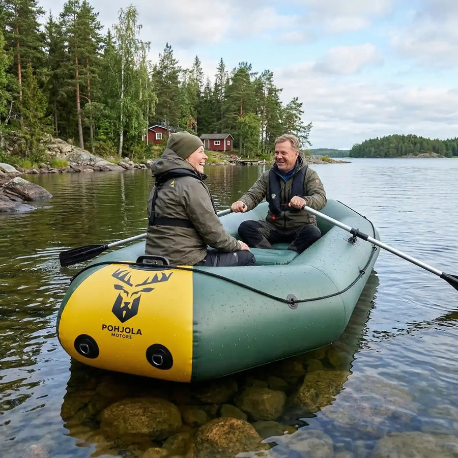 OUTLET! Kumivene 295 x 125 cm moottoritelineellä – 3+1 hengelle, ilmatäytteiset istuimet