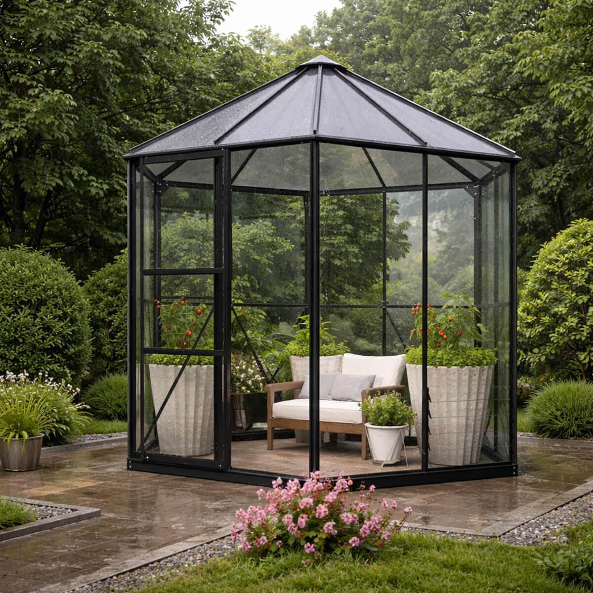 Kuusikulmainen Paviljonki / Lasikasvihuone 3,7m2, Musta, Alumiinirunko