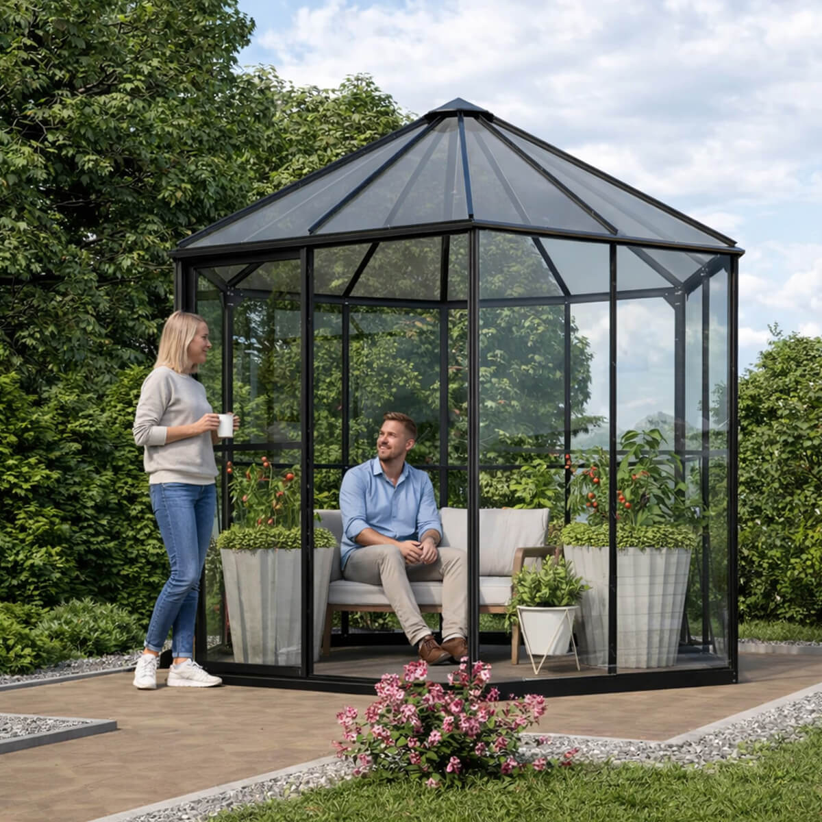 Kuusikulmainen Paviljonki / Lasikasvihuone 3,7m2, Musta, Alumiinirunko