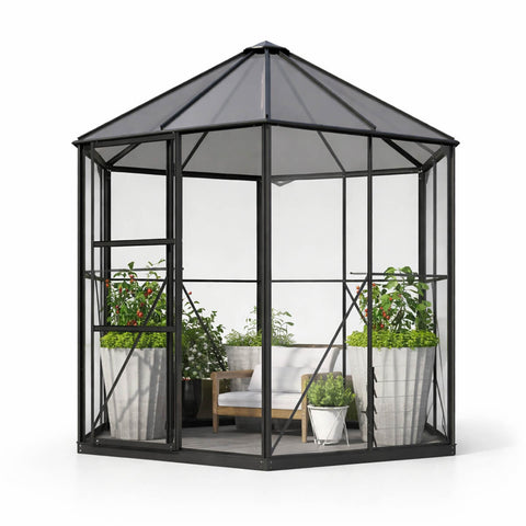 Paviljonkikasvihuone 3,7 m² – kuusikulmainen, 4 mm turvalasi, musta alumiinirunko