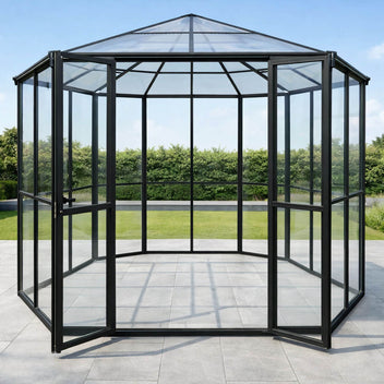 Kuusikulmainen paviljonkikasvihuone 180 x 180 cm – 2 ikkunaa, 4 mm PC-katto, musta