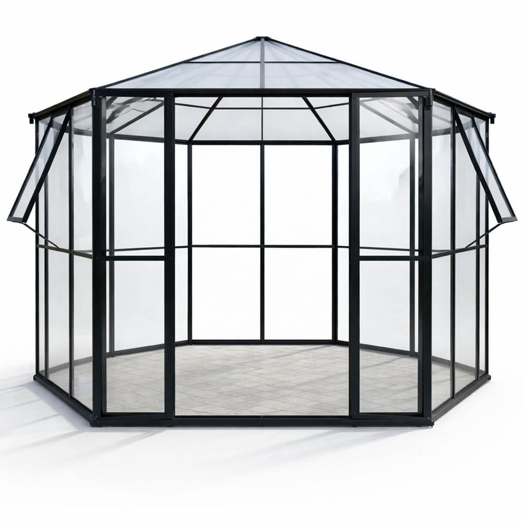 Kuusikulmainen paviljonkikasvihuone 180 x 180 cm – 2 ikkunaa, 4 mm PC-katto, musta