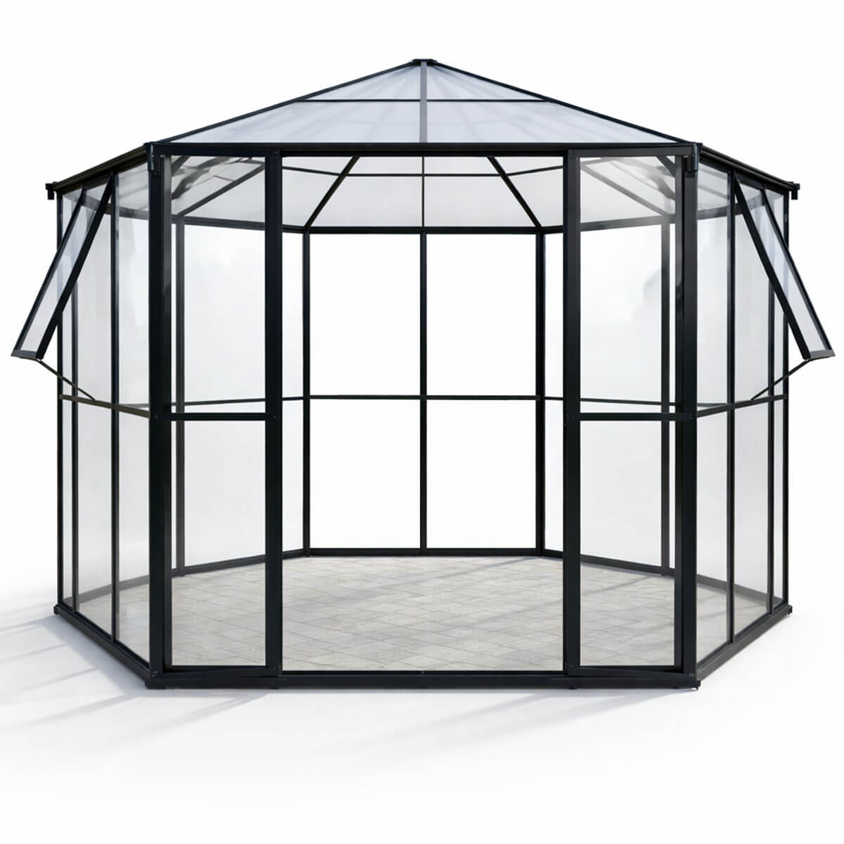 Kuusikulmainen paviljonkikasvihuone 180 x 180 cm – 2 ikkunaa, 4 mm PC-katto, musta