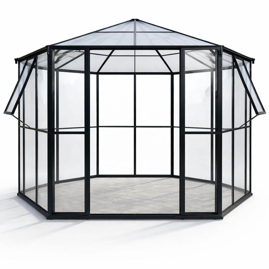 Kuusikulmainen paviljonkikasvihuone 180 x 180 cm – 2 ikkunaa, 4 mm PC-katto, musta