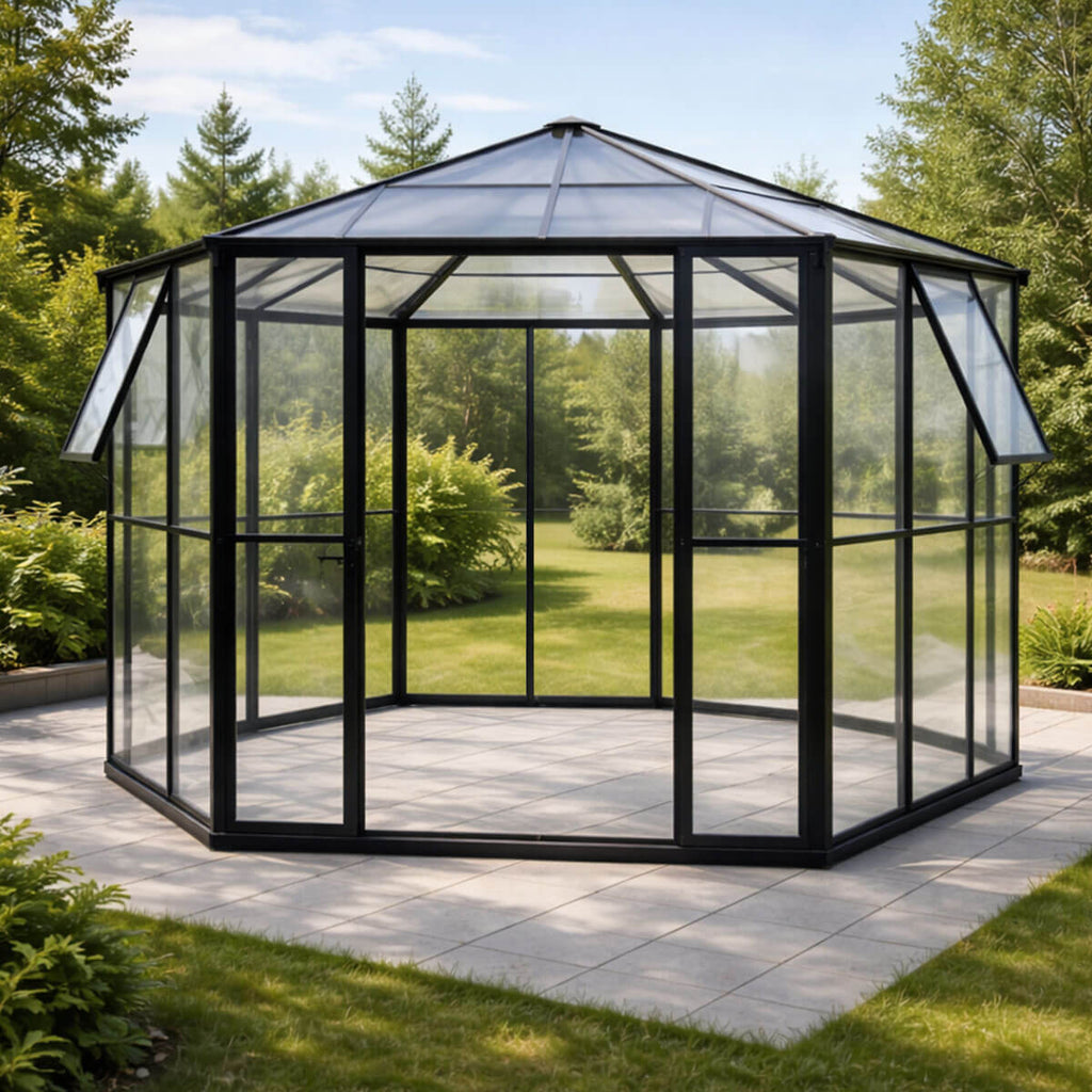 Kuusikulmainen paviljonkikasvihuone 180 x 180 cm – 2 ikkunaa, 4 mm PC-katto, musta