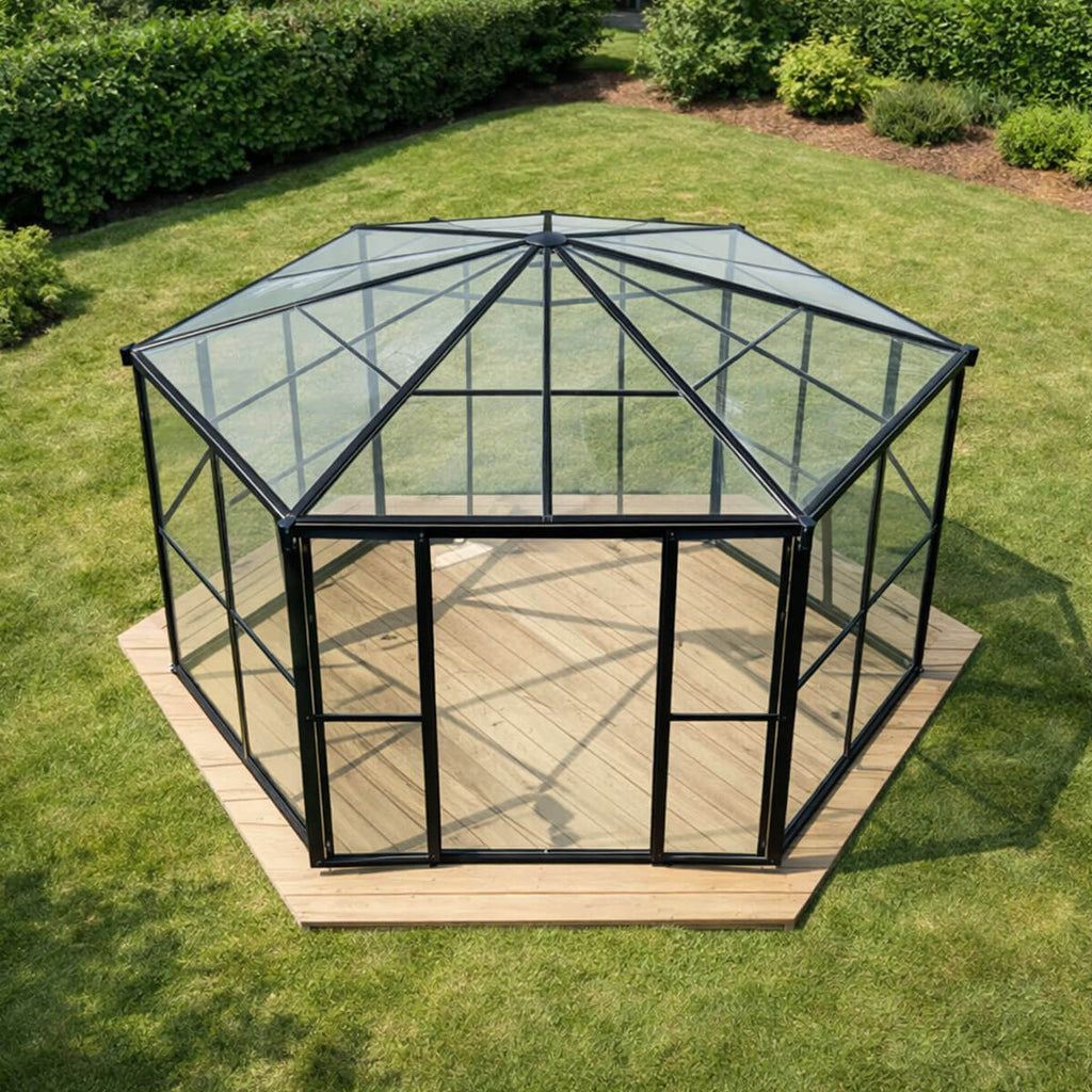 Kuusikulmainen paviljonkikasvihuone 180 x 180 cm – 2 ikkunaa, 4 mm PC-katto, musta