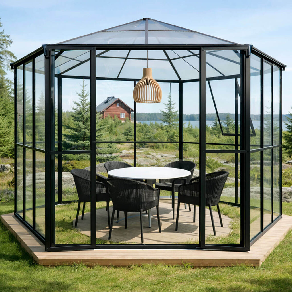 Kuusikulmainen paviljonkikasvihuone 180 x 180 cm – 2 ikkunaa, 4 mm PC-katto, musta