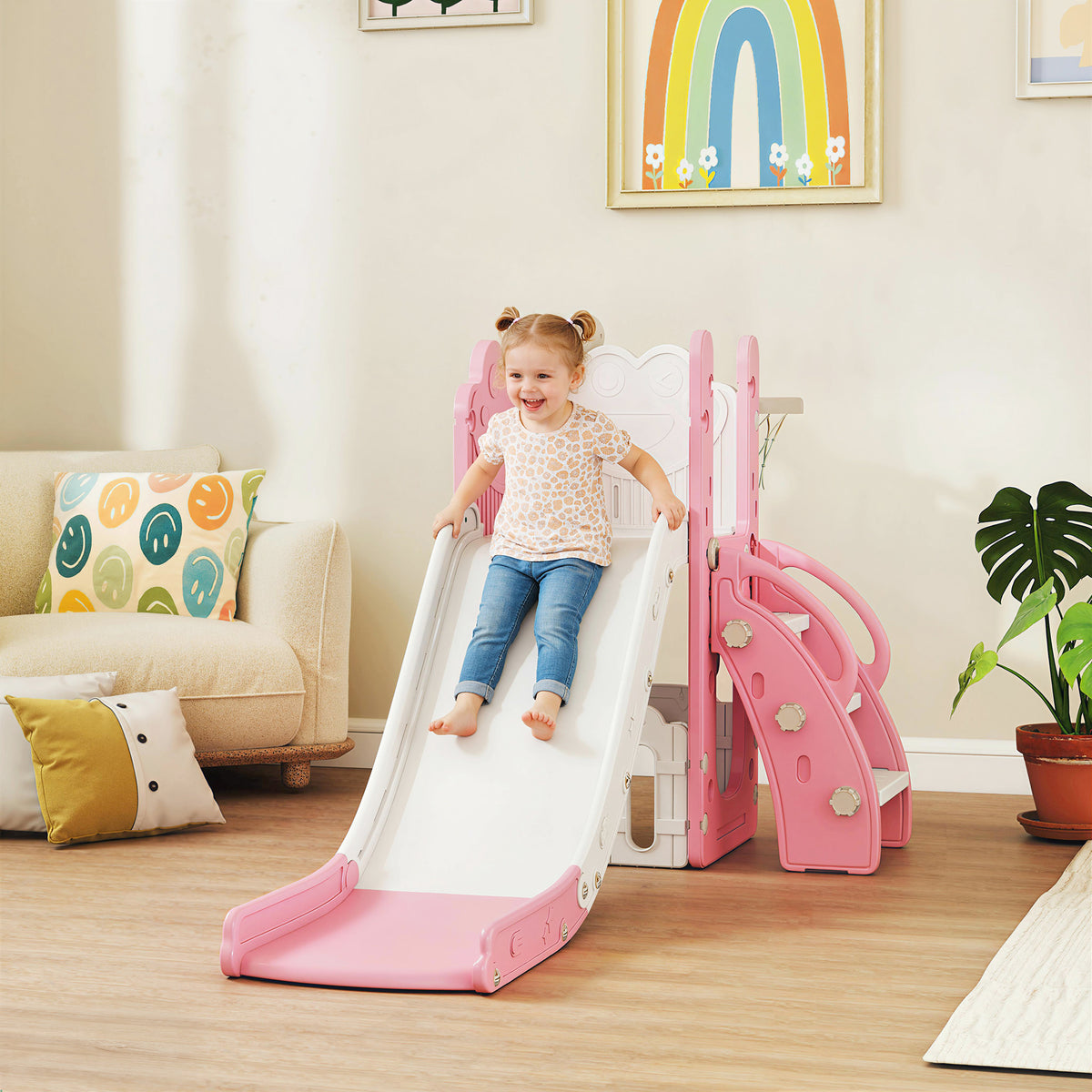 Lasten liukumäki 5-in-1, koripallokori, kaukoputki ja kiipeilyseinä, pinkki/valkoinen