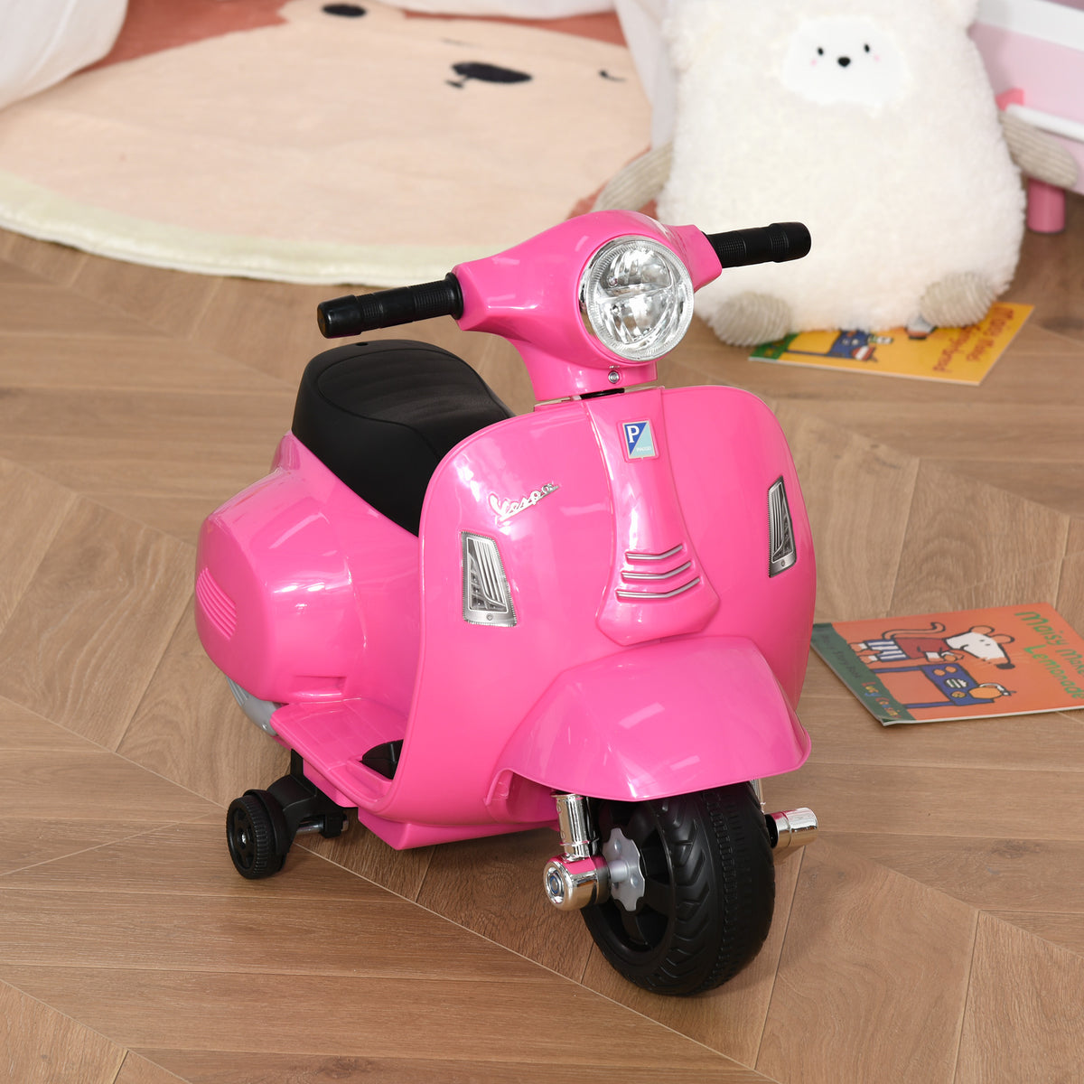 Lasten sähkömopo Vespa 6V irrotettavilla tukipyörillä, ajovalo ja äänitorvi, 1,5–3 v, pinkki