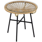 Boho-tyylinen rottinkinen sivupöytä lasikannella, Ø50 cm, beige