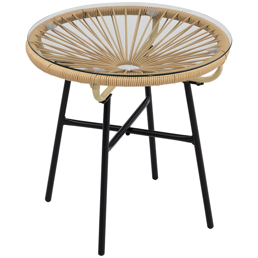 Boho-tyylinen rottinkinen sivupöytä lasikannella, Ø50 cm, beige