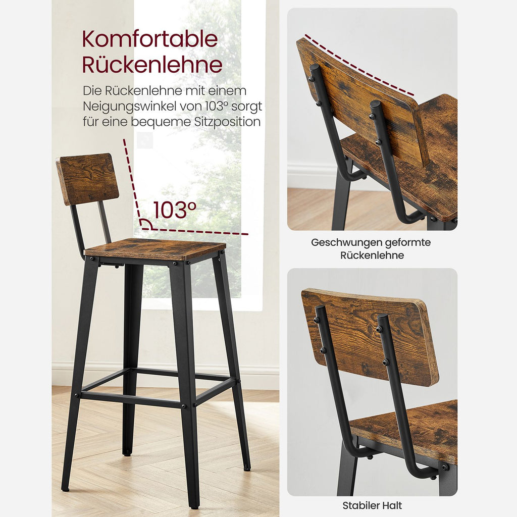 2 baarijakkaran sarja, keittiötuolit selkänojalla, teräsrunko, helppo koota, industrial-muotoilu, vintageruskea ja musta