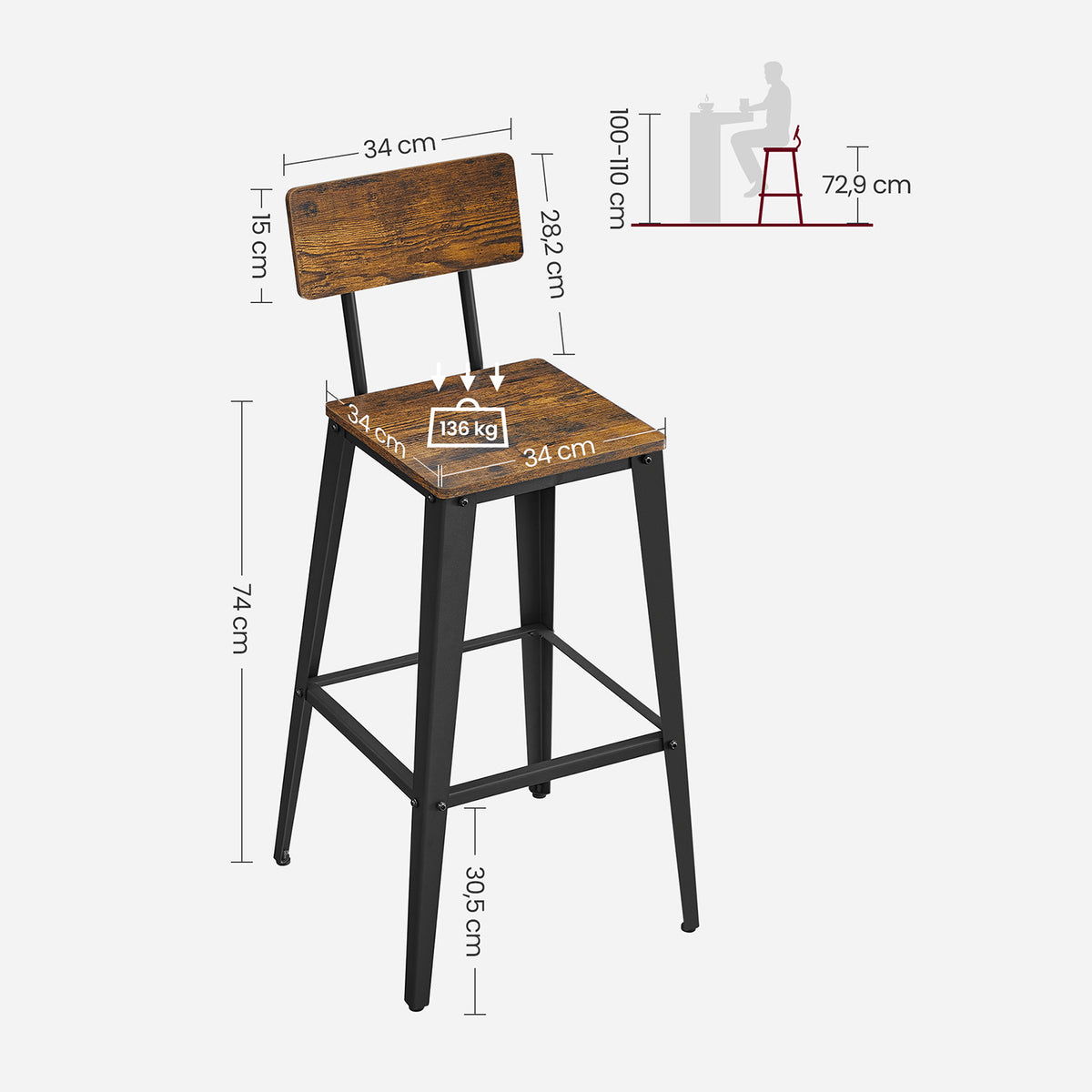 2 baarijakkaran sarja, keittiötuolit selkänojalla, teräsrunko, helppo koota, industrial-muotoilu, vintageruskea ja musta