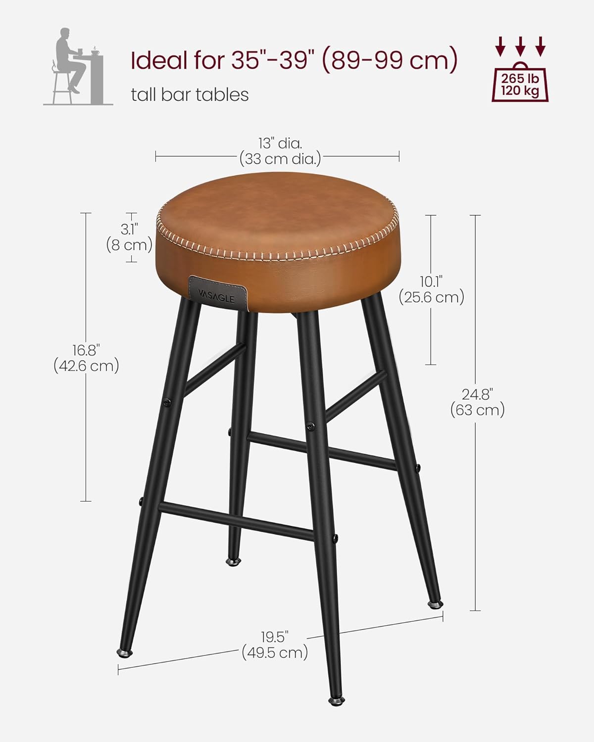ECHO-sarja, 2 baarijakkaran sarja, keittiö- ja aamiaisjakkarat, tikattu keinonahka, korkeus 63 cm, kotibaariin ja ruokailutilaan, helppo koota, karamellinruskea