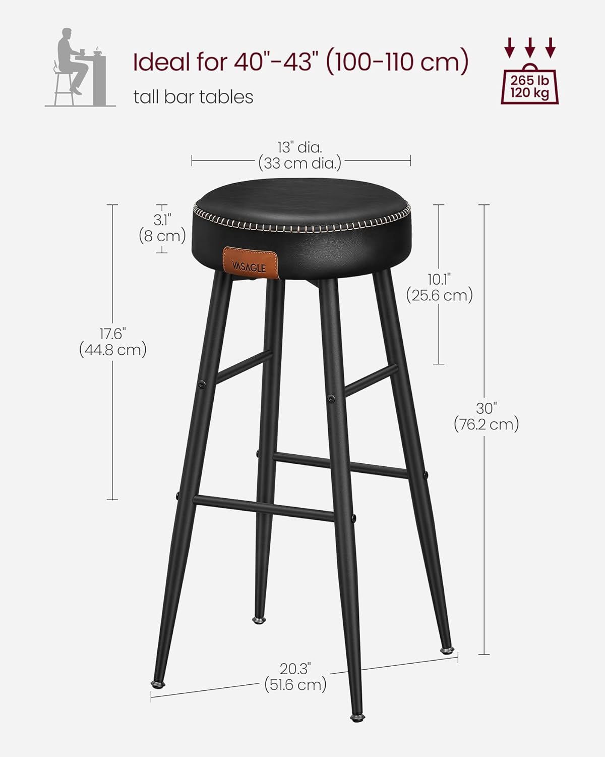 ECHO-sarja, 2 baarijakkaran sarja, keittiö- ja aamiaisjakkarat, tikattu keinonahka, korkeus 76 cm, kotiin, baariin ja ruokailutilaan, helppo koota, musta