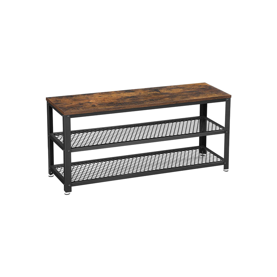 Kenkäpenkki 2 hyllyllä, lastulevy ja teräs, 100 × 30 × 45 cm, rustiikkiruskea ja musta