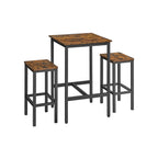 Baaripöytä ja 2 baarijakkaran sarja, ruokapöytä 2 tuolilla, pieni keittiöpöytä 60 × 60 × 90 cm, baarituolit 30 × 40 × 65 cm, ruokailutilaan ja keittiöön, industrial-muotoilu, vintageruskea ja musta