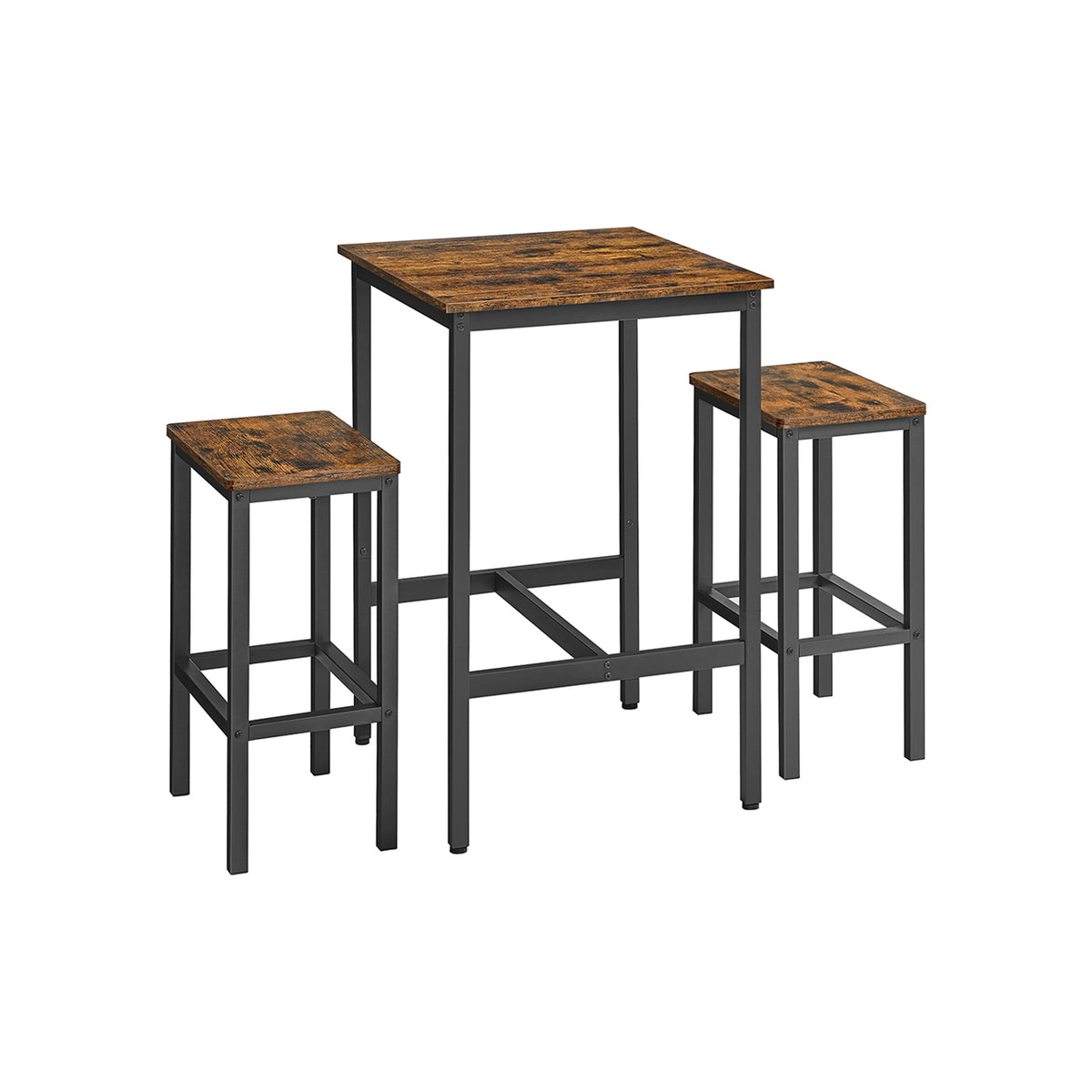Baaripöytä ja 2 baarijakkaran sarja, ruokapöytä 2 tuolilla, pieni keittiöpöytä 60 × 60 × 90 cm, baarituolit 30 × 40 × 65 cm, ruokailutilaan ja keittiöön, industrial-muotoilu, vintageruskea ja musta