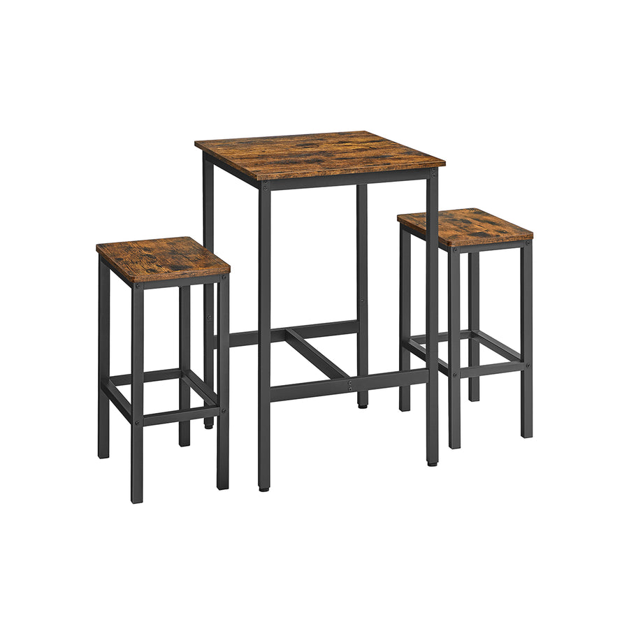 Baaripöytä ja 2 baarijakkaran sarja, ruokapöytä 2 tuolilla, pieni keittiöpöytä 60 × 60 × 90 cm, baarituolit 30 × 40 × 65 cm, ruokailutilaan ja keittiöön, industrial-muotoilu, vintageruskea ja musta