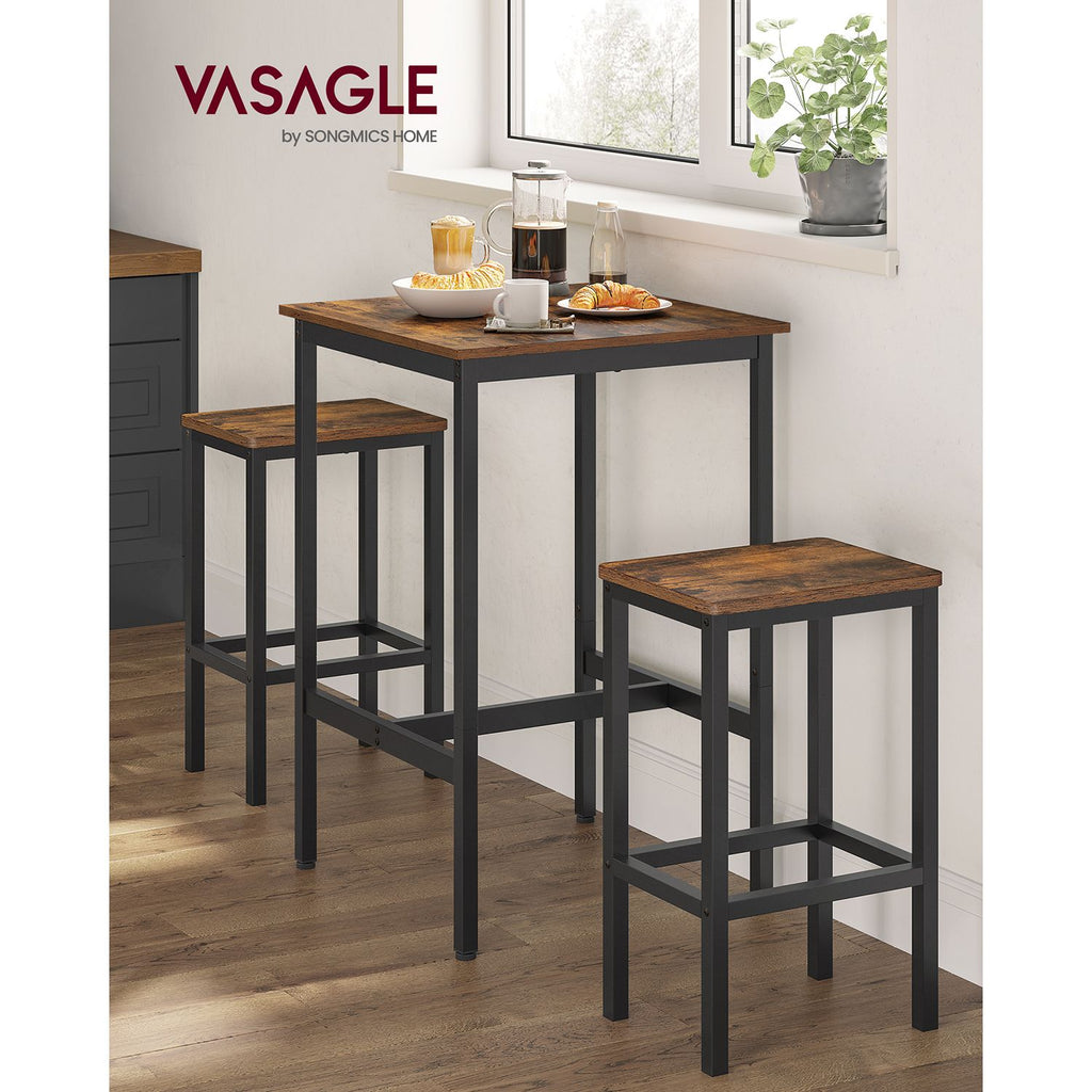 Baaripöytä ja 2 baarijakkaran sarja, ruokapöytä 2 tuolilla, pieni keittiöpöytä 60 × 60 × 90 cm, baarituolit 30 × 40 × 65 cm, ruokailutilaan ja keittiöön, industrial-muotoilu, vintageruskea ja musta