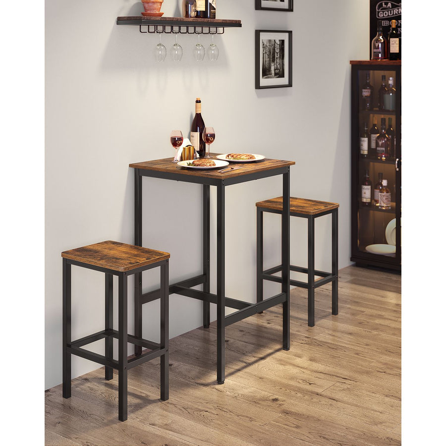 Baaripöytä ja 2 baarijakkaran sarja, ruokapöytä 2 tuolilla, pieni keittiöpöytä 60 × 60 × 90 cm, baarituolit 30 × 40 × 65 cm, ruokailutilaan ja keittiöön, industrial-muotoilu, vintageruskea ja musta