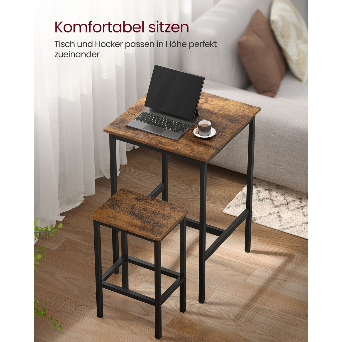 Baaripöytä ja 2 baarijakkaran sarja, ruokapöytä 2 tuolilla, pieni keittiöpöytä 60 × 60 × 90 cm, baarituolit 30 × 40 × 65 cm, ruokailutilaan ja keittiöön, industrial-muotoilu, vintageruskea ja musta