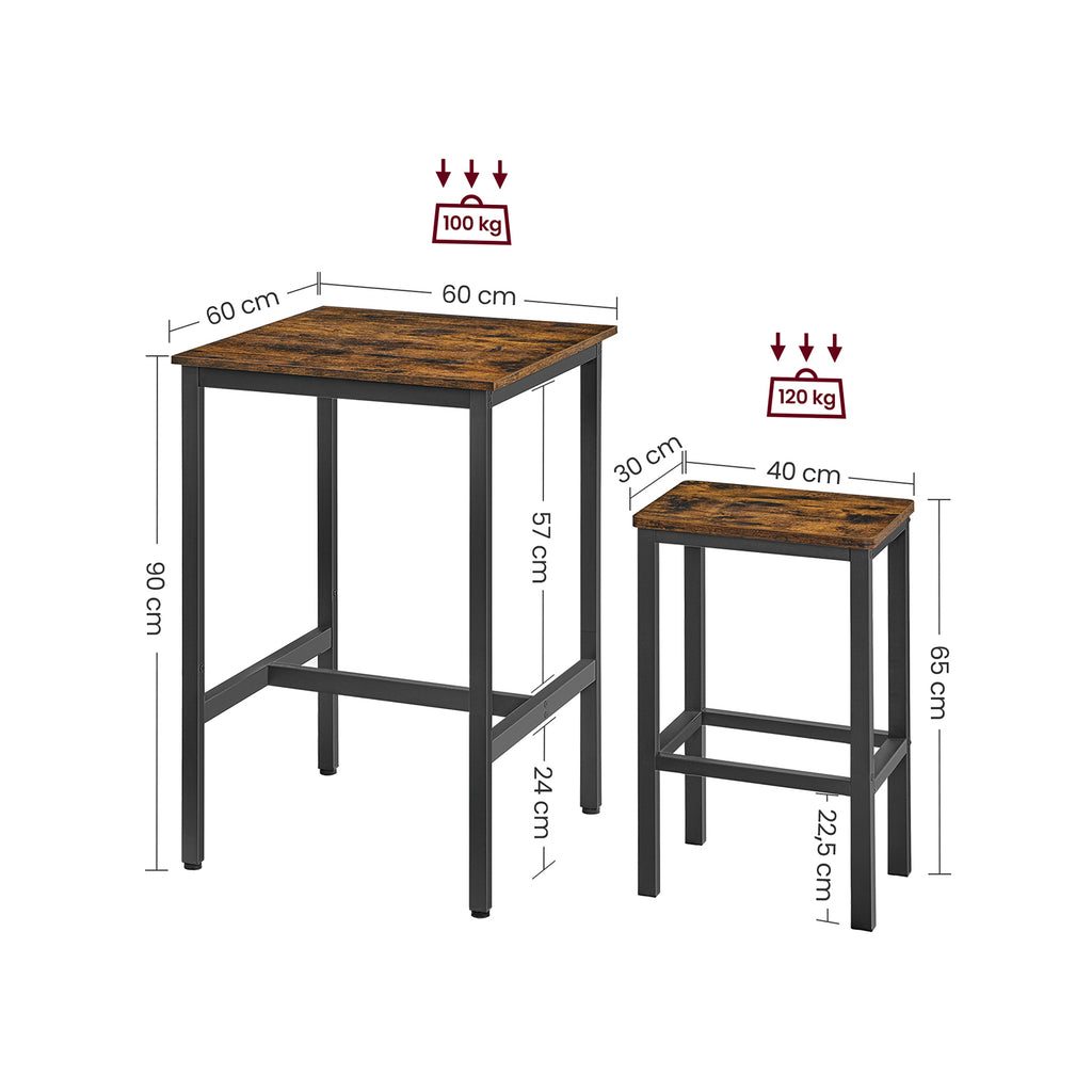 Baaripöytä ja 2 baarijakkaran sarja, ruokapöytä 2 tuolilla, pieni keittiöpöytä 60 × 60 × 90 cm, baarituolit 30 × 40 × 65 cm, ruokailutilaan ja keittiöön, industrial-muotoilu, vintageruskea ja musta