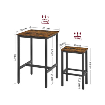 Baaripöytä ja 2 baarijakkaran sarja, ruokapöytä 2 tuolilla, pieni keittiöpöytä 60 × 60 × 90 cm, baarituolit 30 × 40 × 65 cm, ruokailutilaan ja keittiöön, industrial-muotoilu, vintageruskea ja musta