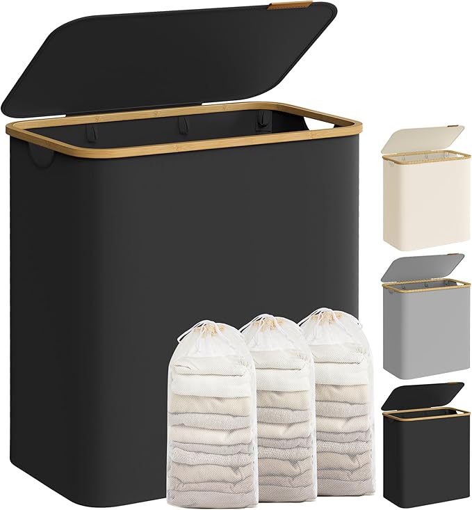 Pyykkikori kannella, suuri 3-lokeroinen 150 l pyykkikori, irrotettavat verkkosisäpussit, Oxford-kangas, bambukahvat, kokoontaittuva, 60 × 38,5 × 70,5 cm, syvänmusta