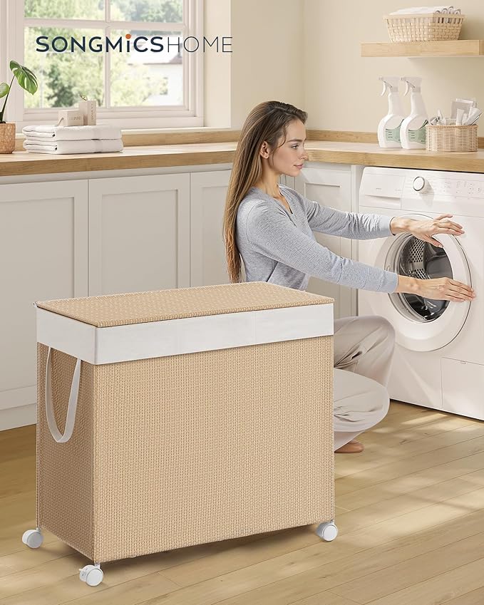 HOME pyykkikori 3 lokerolla, suuri 140 l pyykkikori pyörillä, rottinkityylinen vaatekori kannella, irrotettava sisäpussi kantokahvoilla, luonnonbeige ja mattavalkoinen