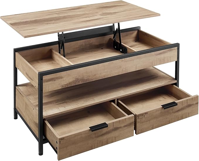 Sohvapöytä nostettavalla tasolla, säilytyslaatikot, piilolokerot ja avohylly, 100 × 50 × (48–62) cm, karamellinruskea ja syvänmusta