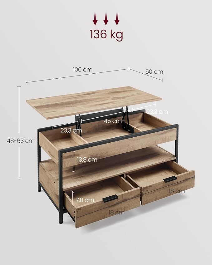 Sohvapöytä nostettavalla tasolla, säilytyslaatikot, piilolokerot ja avohylly, 100 × 50 × (48–62) cm, karamellinruskea ja syvänmusta