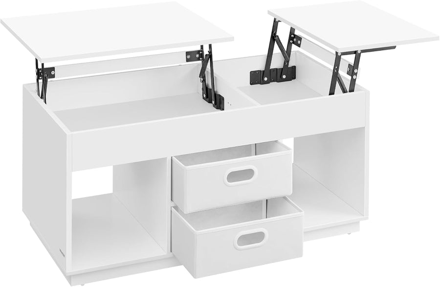 Sohvapöytä nostettavalla tasolla, 2 laatikkoa, piilolokerot ja avolokerot, olohuoneeseen ja kotitoimistoon, 100 × 50 × (48–62) cm, lumivalkoinen