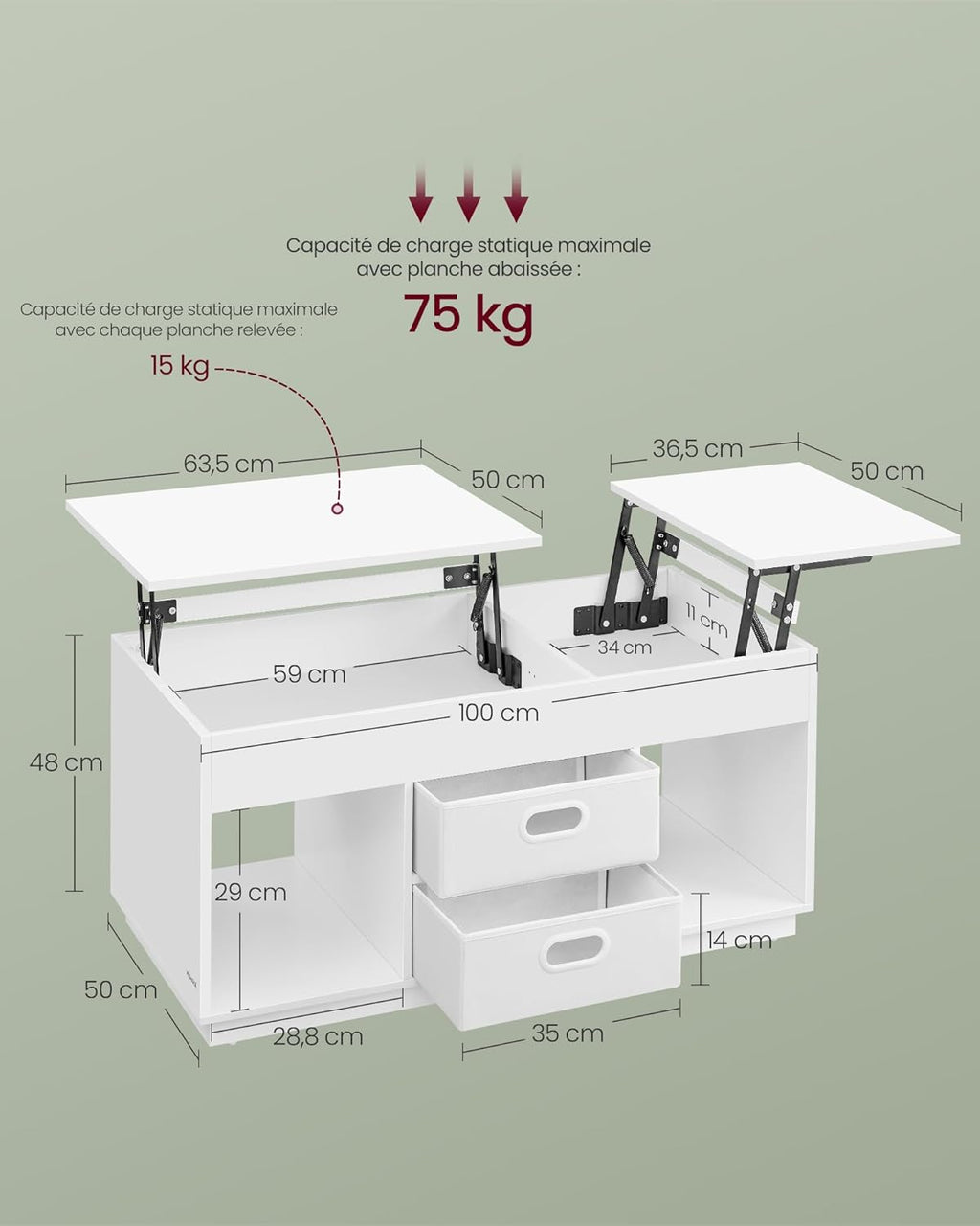 Sohvapöytä nostettavalla tasolla, 2 laatikkoa, piilolokerot ja avolokerot, olohuoneeseen ja kotitoimistoon, 100 × 50 × (48–62) cm, lumivalkoinen
