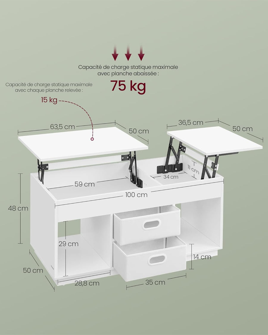 Sohvapöytä nostettavalla tasolla, 2 laatikkoa, piilolokerot ja avolokerot, olohuoneeseen ja kotitoimistoon, 100 × 50 × (48–62) cm, lumivalkoinen