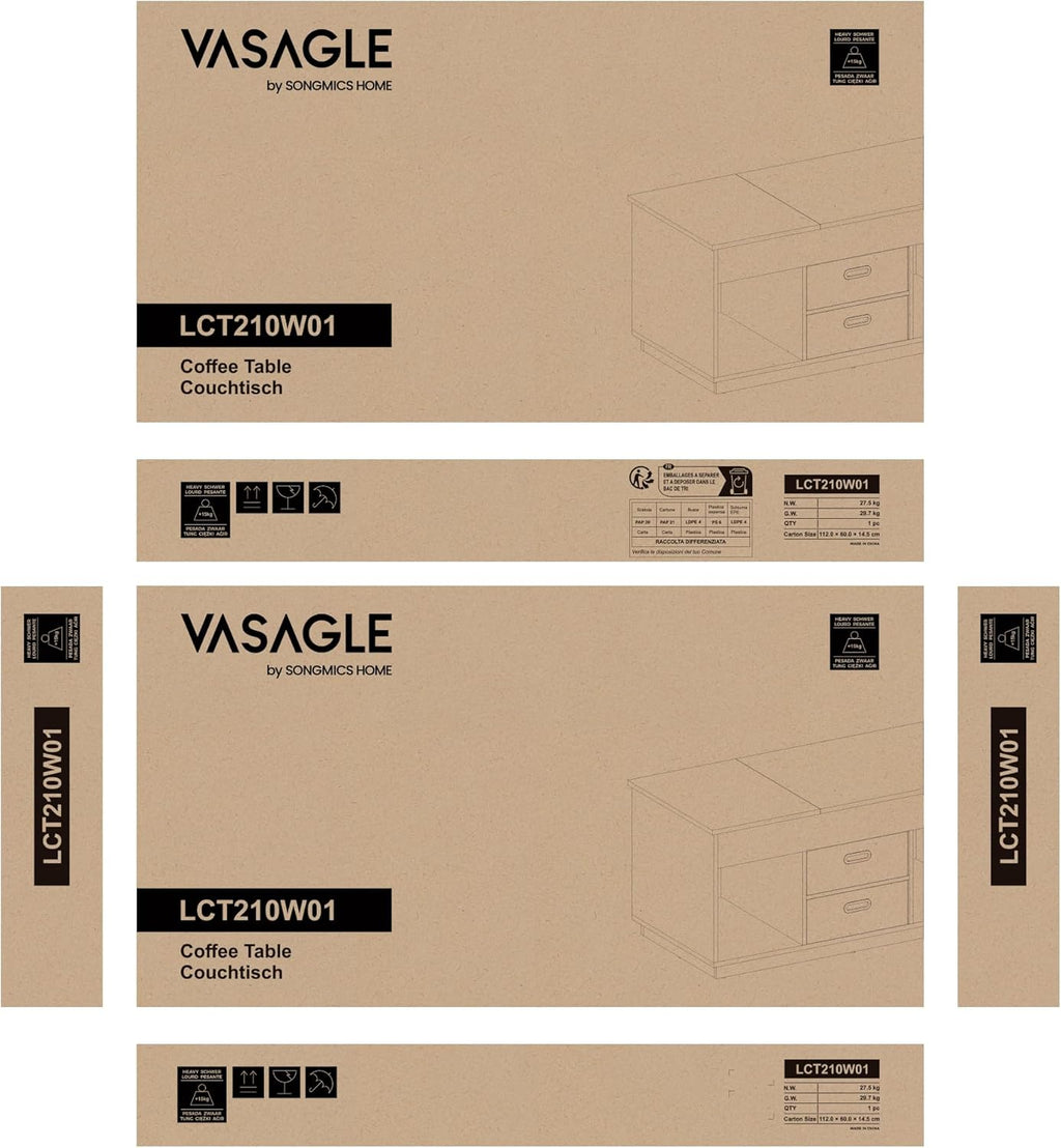 Sohvapöytä nostettavalla tasolla, 2 laatikkoa, piilolokerot ja avolokerot, olohuoneeseen ja kotitoimistoon, 100 × 50 × (48–62) cm, lumivalkoinen