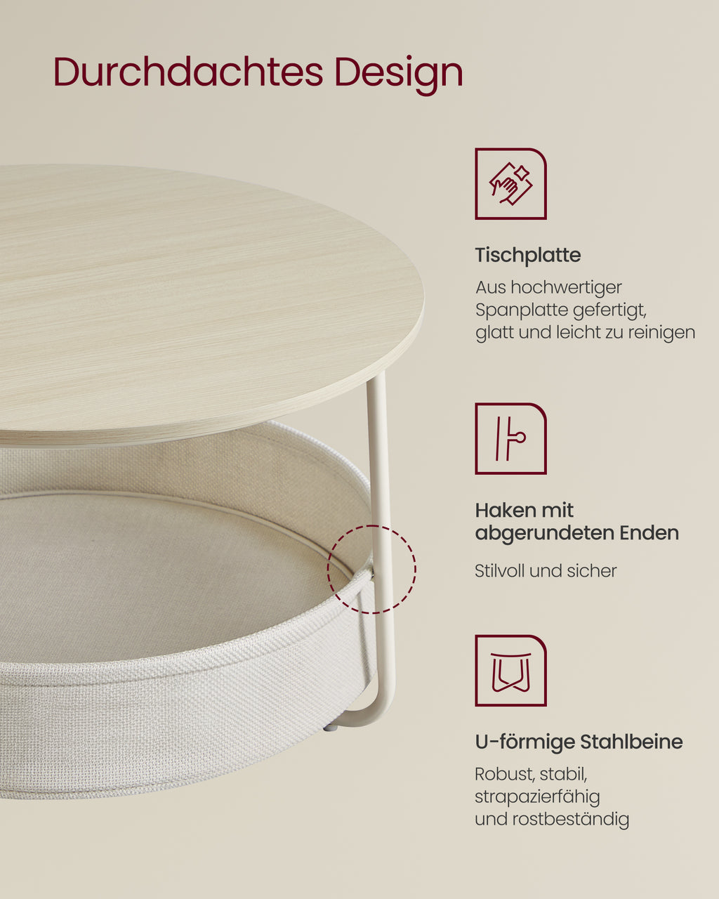 Pyöreä sohvapöytä säilytystilalla, apupöytä kangaskorilla, moderni metallirunko, 75 × 75 × 45 cm, luonnonbeige ja kremanvalkoinen