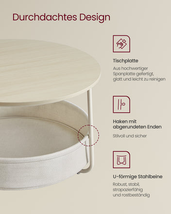 Pyöreä sohvapöytä säilytystilalla, apupöytä kangaskorilla, moderni metallirunko, 75 × 75 × 45 cm, luonnonbeige ja kremanvalkoinen