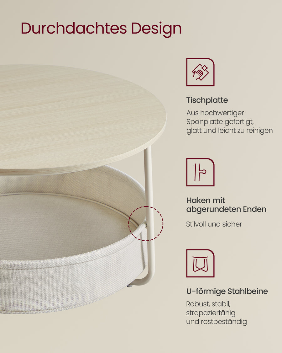 Pyöreä sohvapöytä säilytystilalla, apupöytä kangaskorilla, moderni metallirunko, 75 × 75 × 45 cm, luonnonbeige ja kremanvalkoinen
