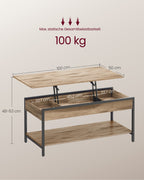 Sohvapöytä nostettavalla tasolla, avohylly ja piilolokerot, 100 × 50 × (48–63) cm, karamellinruskea ja syvänmusta