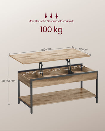 Sohvapöytä nostettavalla tasolla, avohylly ja piilolokerot, 100 × 50 × (48–63) cm, karamellinruskea ja syvänmusta