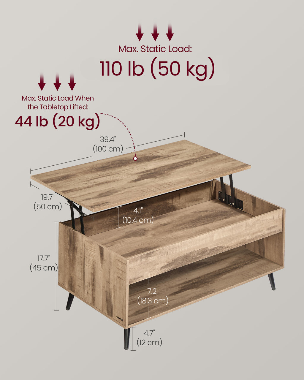 Sohvapöytä nostettavalla tasolla, kaasujousi, piilolokero ja avohylly, olohuoneeseen ja kotitoimistoon, 100 × 50 × (45–58,5) cm, karamellinruskea ja mattamusta
