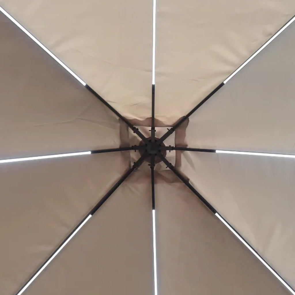 LED-paviljong 3 x 3 m – solpanel, LED-remsor, sidogardiner, beige