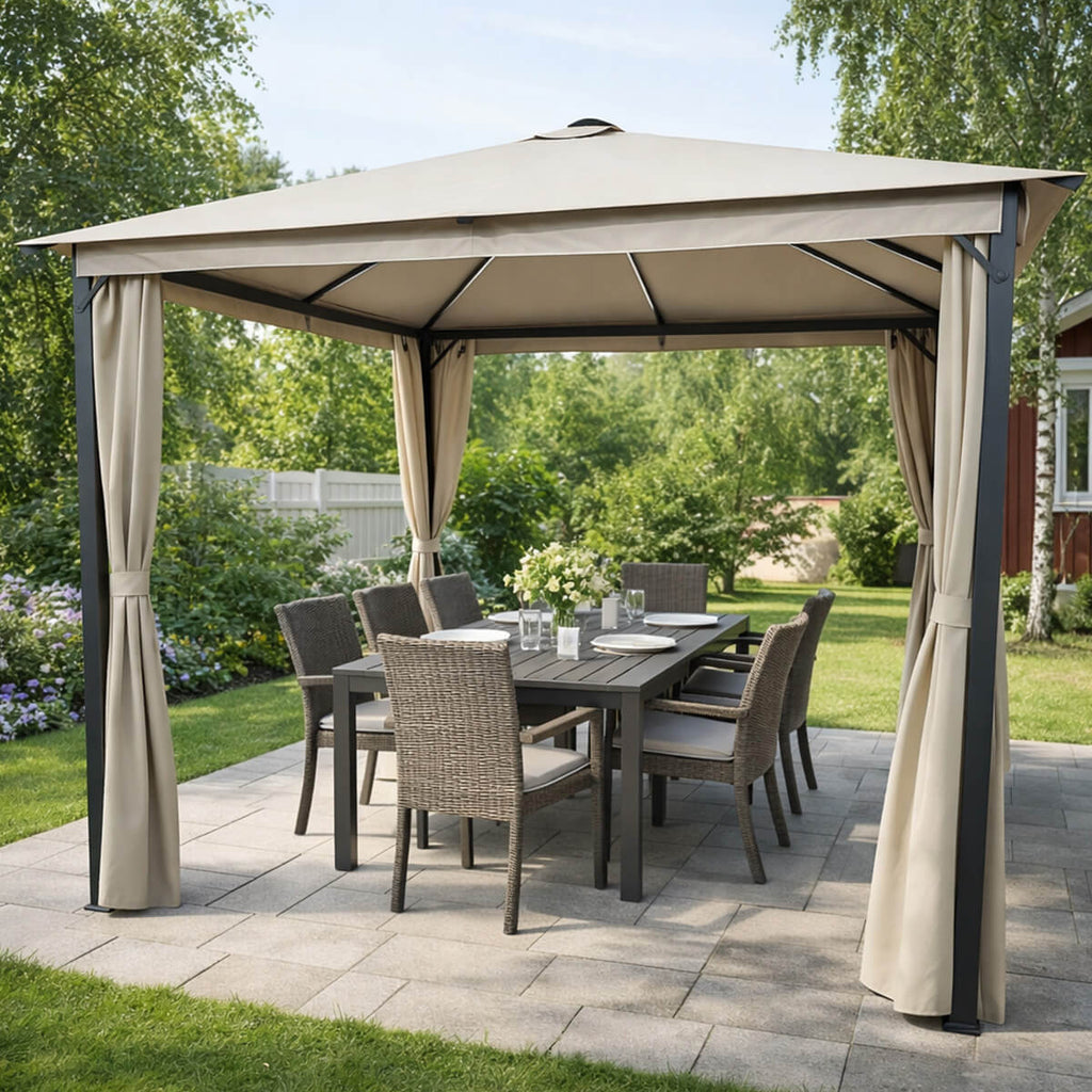LED-paviljong 3 x 3 m – solpanel, LED-remsor, sidogardiner, beige