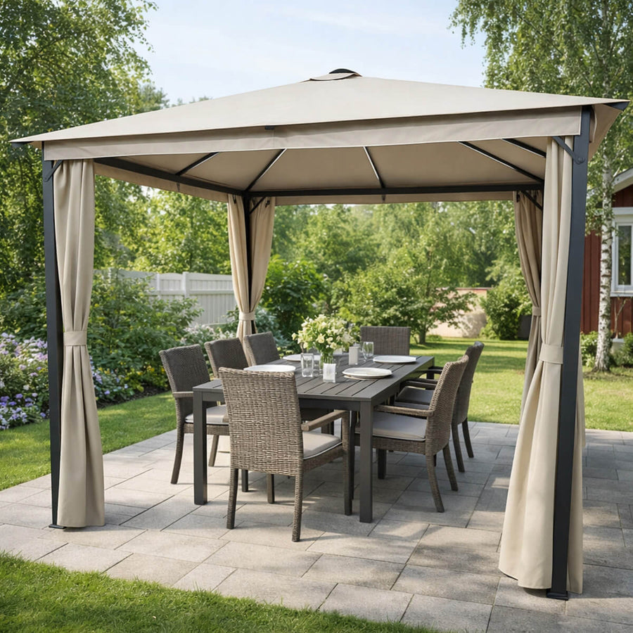 LED-paviljong 3 x 3 m – solpanel, LED-remsor, sidogardiner, beige