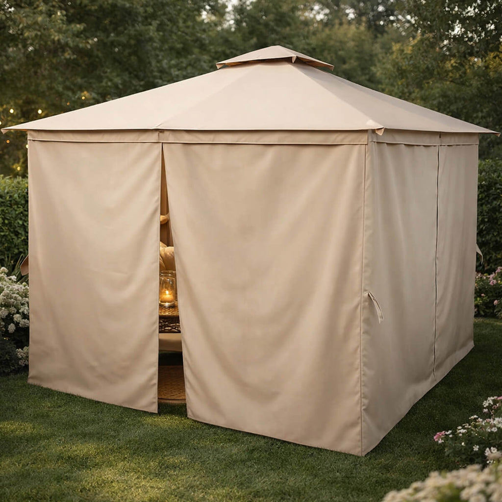 LED-paviljong 3 x 3 m – solpanel, LED-remsor, sidogardiner, beige