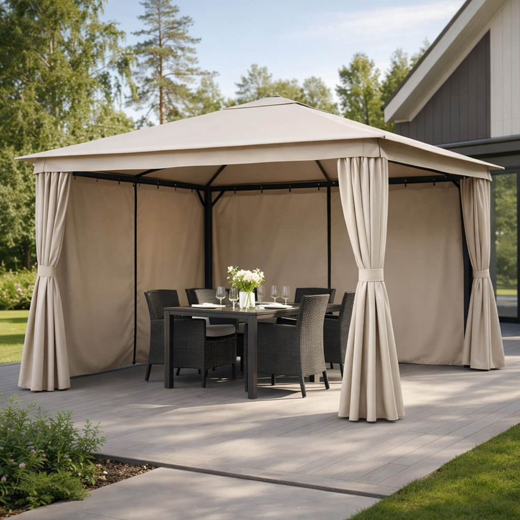 LED-paviljong 3 x 3 m – solpanel, LED-remsor, sidogardiner, beige